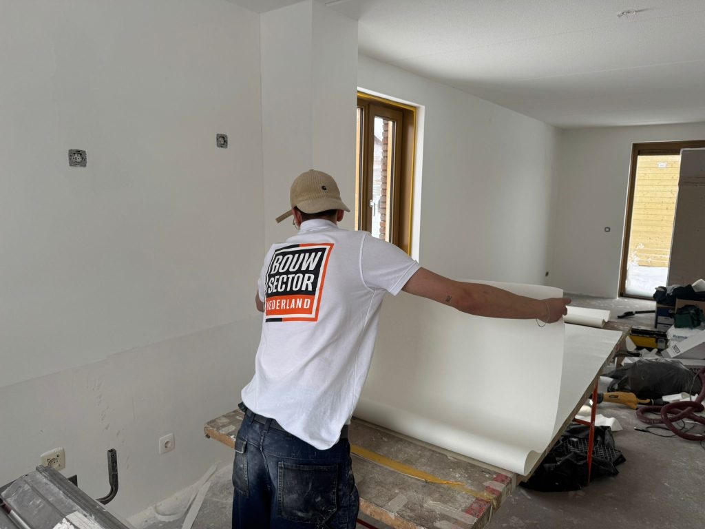 Vakman van Bouwsector Nederland rolt een baan vlies uit over de plaktafel in een nieuwbouwwoonkamer